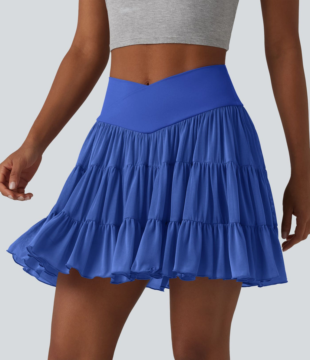 Jupe mini de tennis 2 en 1 croisée évasée taille haute avec poches - longueur allongée