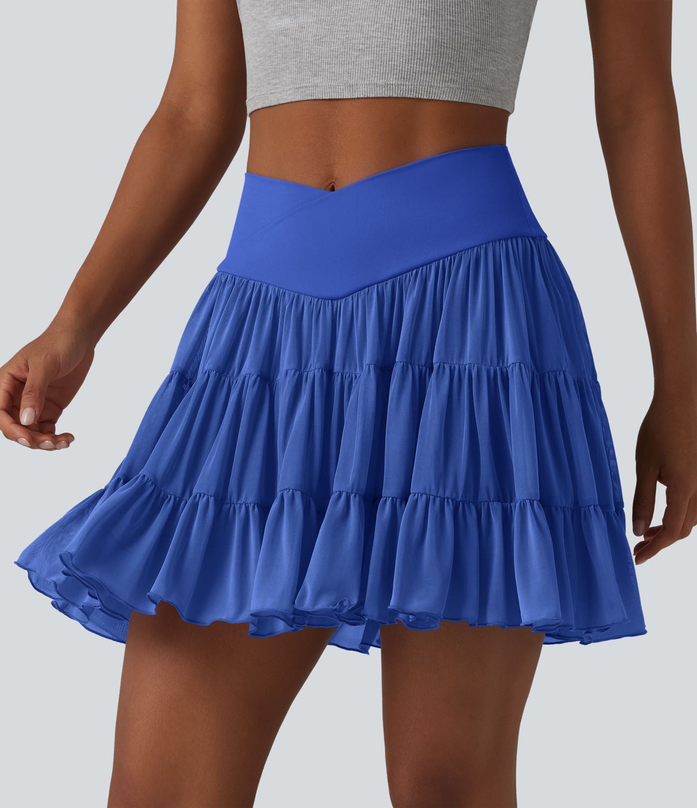 Jupe mini de tennis 2 en 1 croisée évasée taille haute avec poches - longueur allongée