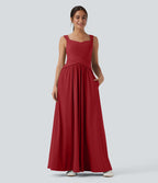 Robe maxi fluide dos nu, avec brassière intégrée et poches