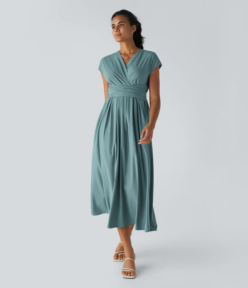 Breezeful™ Robe Mi-Longue Col en V Manches Courtes Poche Latérale Nouée au Dos Séchage Rapide