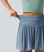 Short 2-en-1 taille haute gainant avec détails froncés, mesh contrasté avec poches, 7,5 cm