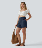 Short resort 12,5 cm taille haute effet lin avec ourlet roulotté et poches