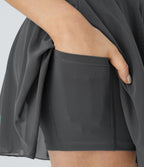 Jupe Casual Évasée Fluide 2 en 1 en Maille Contrastée Taille Haute Cordon de Serrage Poche Latérale