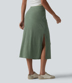 Jupe midi moulante côtelée taille haute aspect lin décontractée