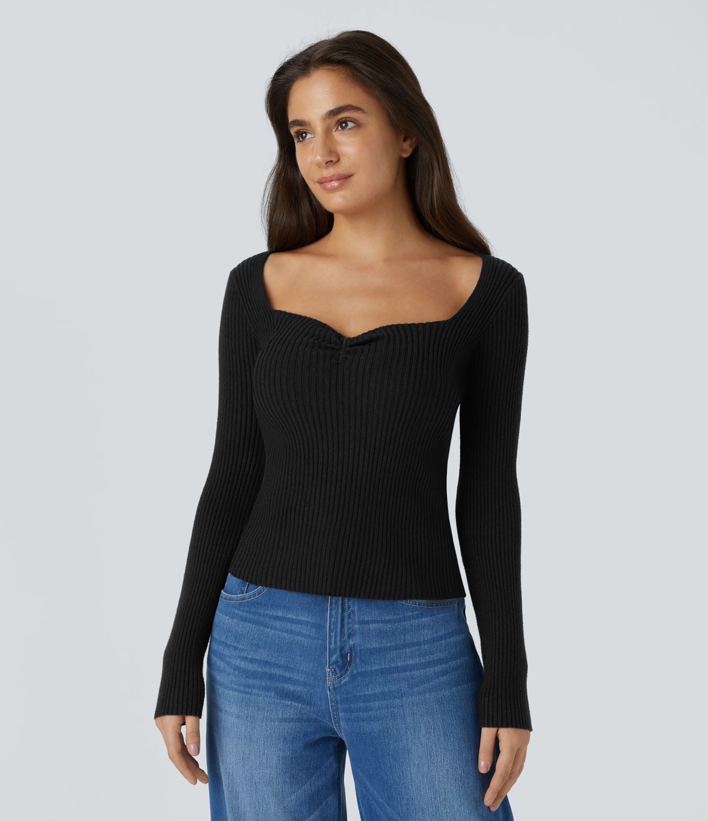 Pull décontracté moulant à col cœur et manches longues