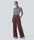 Pantalon Tailleur Large Fluide à Rayures, Taille Haute, Bouton et Fermeture Éclair, Poches Latérales