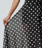 Jupe-short midi fluide évasée taille haute style vacances en mesh à pois avec cordon de serrage et poches