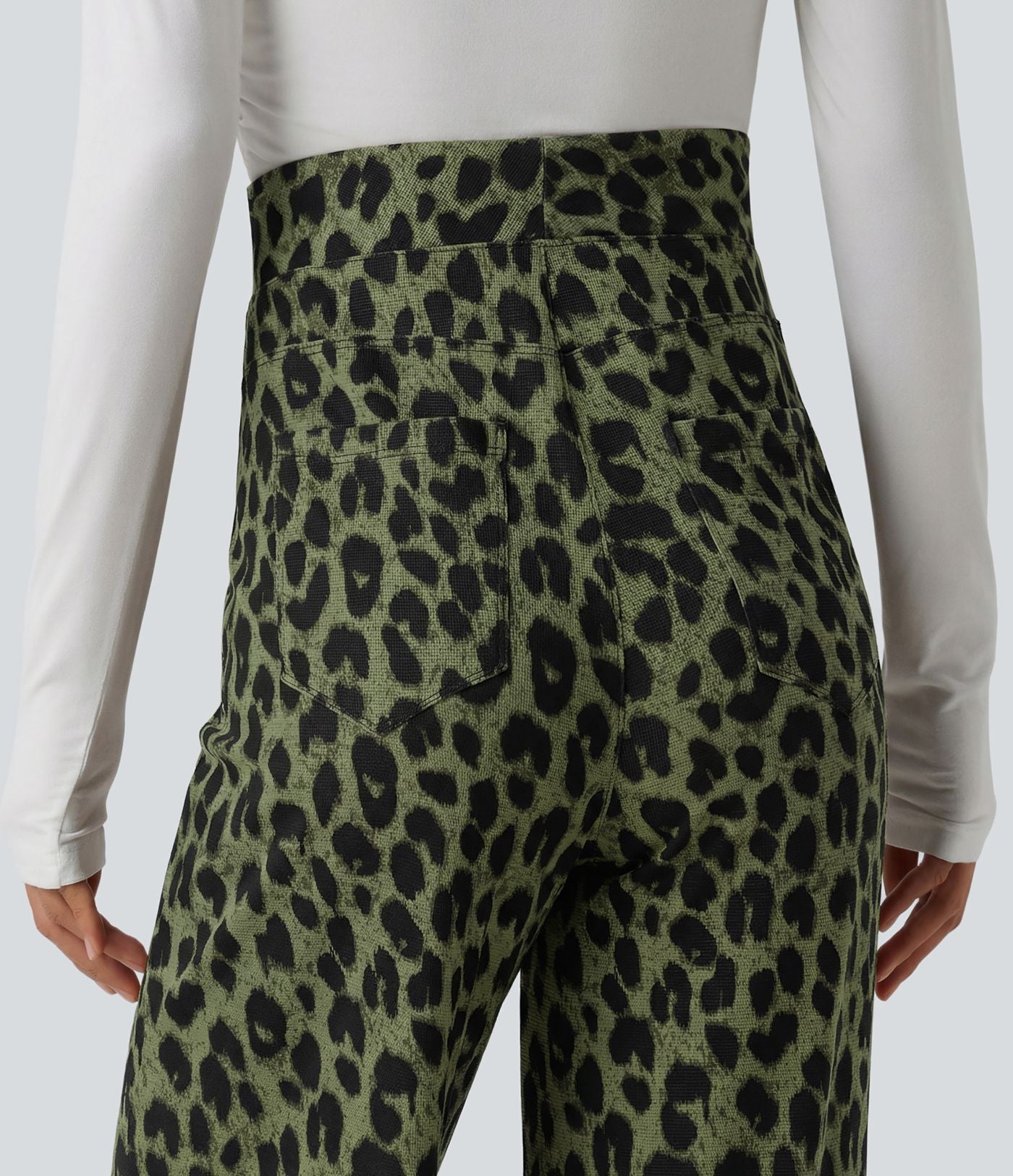 Pantalon large décontracté taille haute gaufré imprimé léopard avec poches