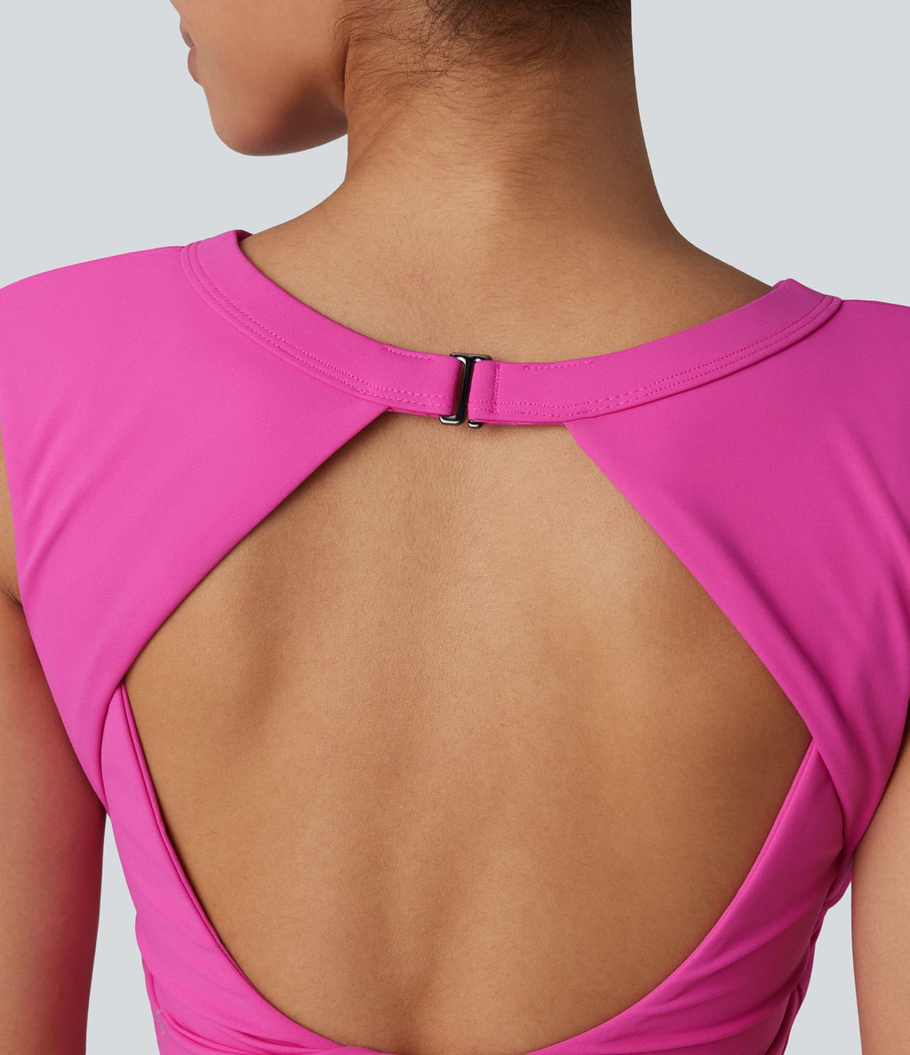 Haut de yoga court SoftlyZero™ léger à col rond et soutien-gorge intégré, sans manches et respirant.