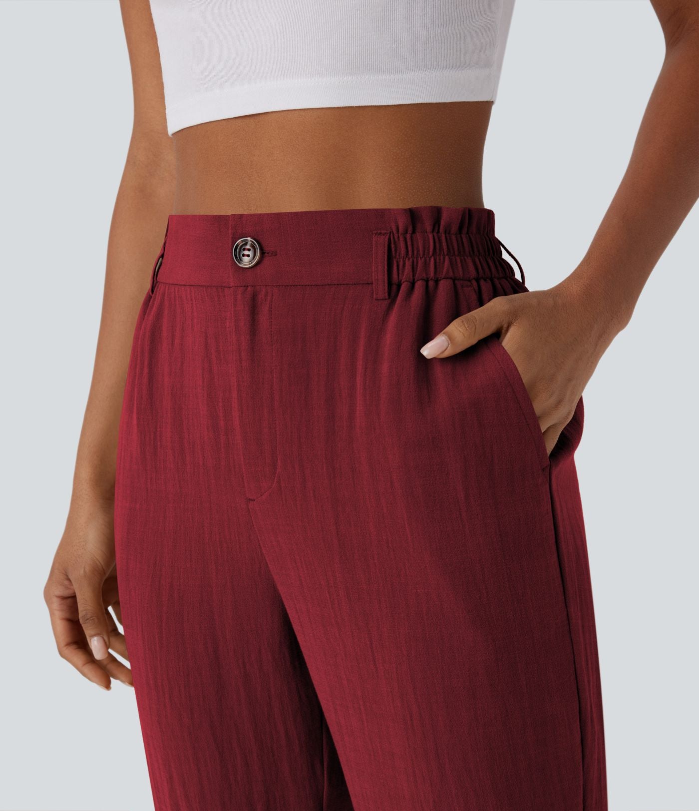 Pantalon capri effet lin taille haute avec poches zippées