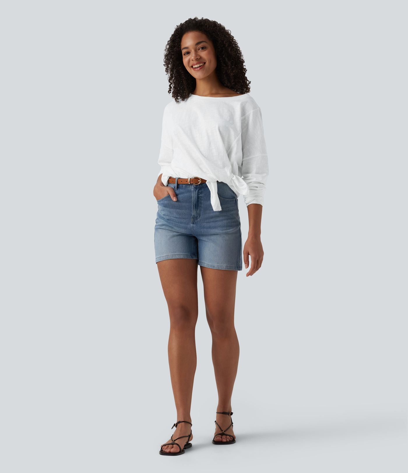 T-shirt casual en coton col bateau manches longues avec trous pour pouces et liens latéraux
