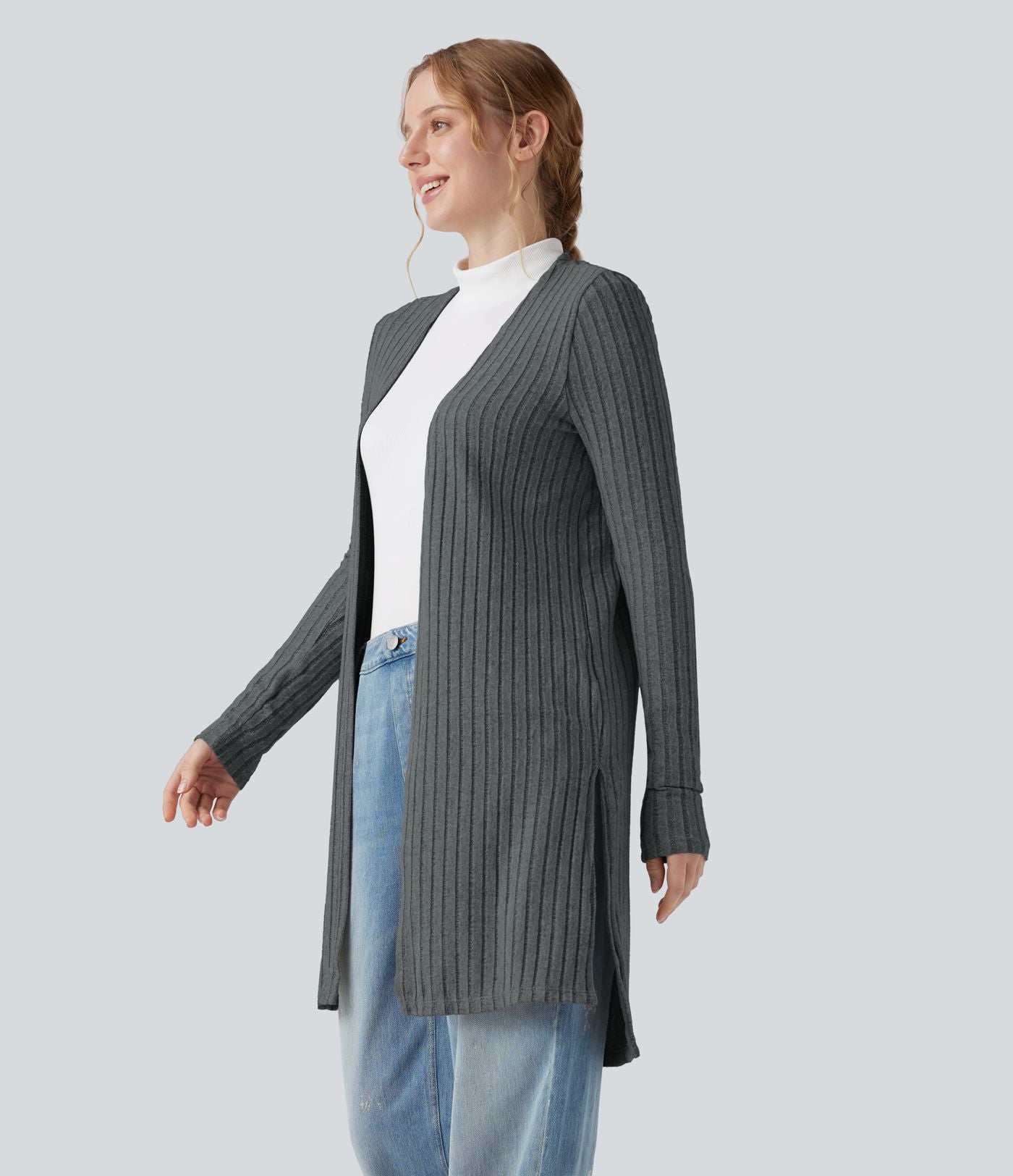 Manteau décontracté côtelé à manches longues avec fentes