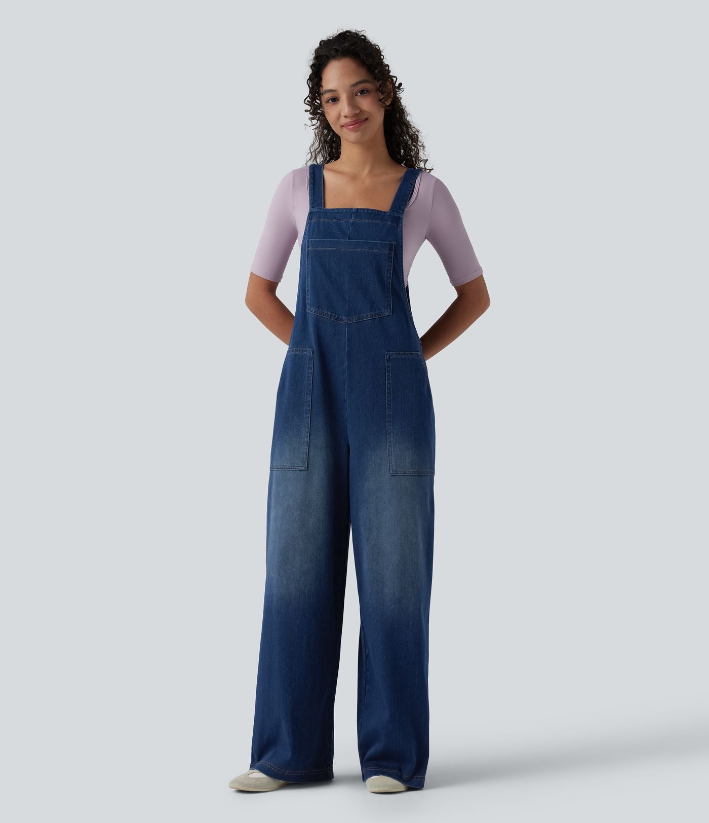 Salopette denim Halara Flex™ col carré effet délavé avec poches