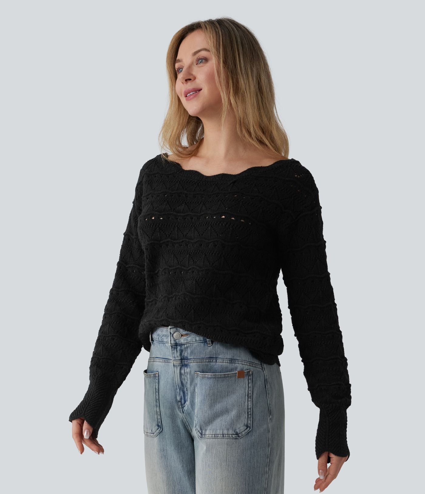 Pull décontracté col bateau manches longues maille ajourée