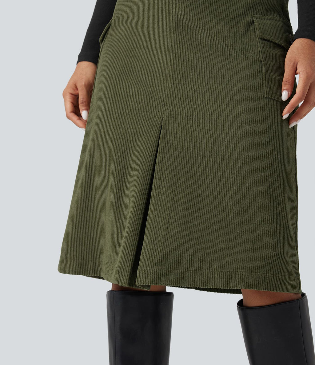 Jupe midi décontractée ligne A en velours côtelé taille haute avec poches