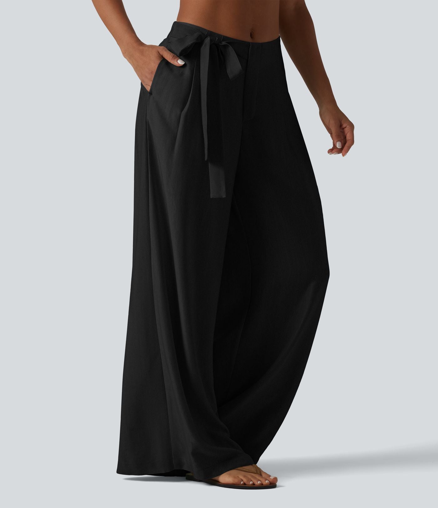 Pantalon large fluide taille haute en lin mélangé avec poches et liens latéraux