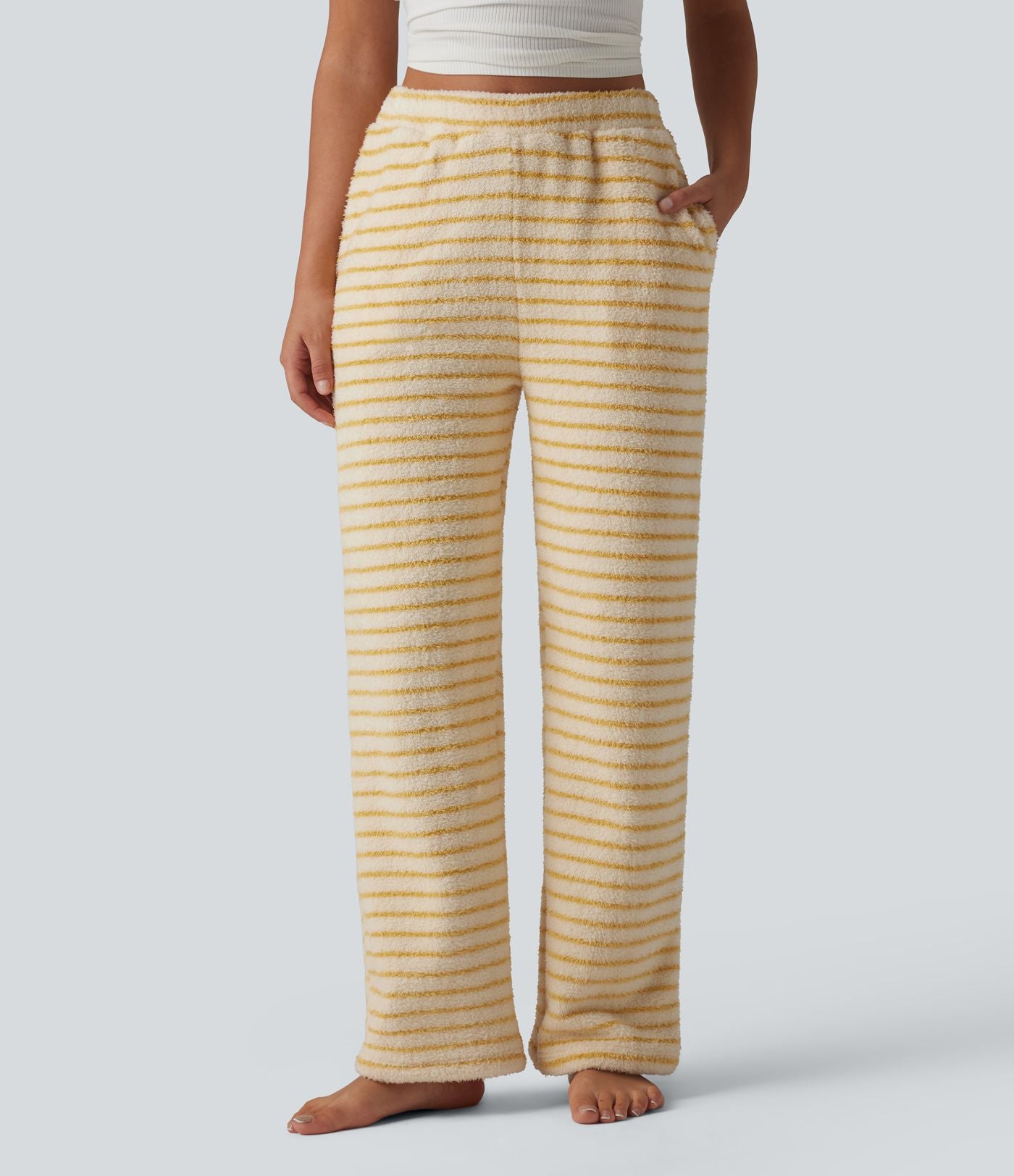 Pantalon de détente large en flanelle rayée taille haute avec poches