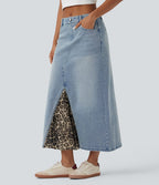 Jupe denim mi-longue Halara Flex™ évasée taille mi-haute mesh léopard contrastant avec poches