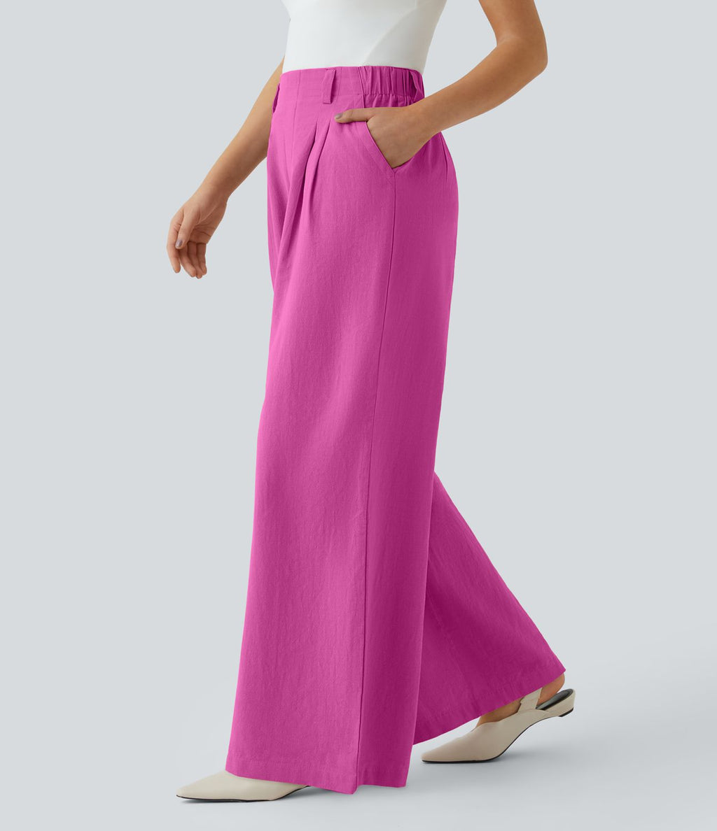 Pantalon Fluide Large Taille Haute Poches Latérales Palazzo Solide Casual Linen-Feel