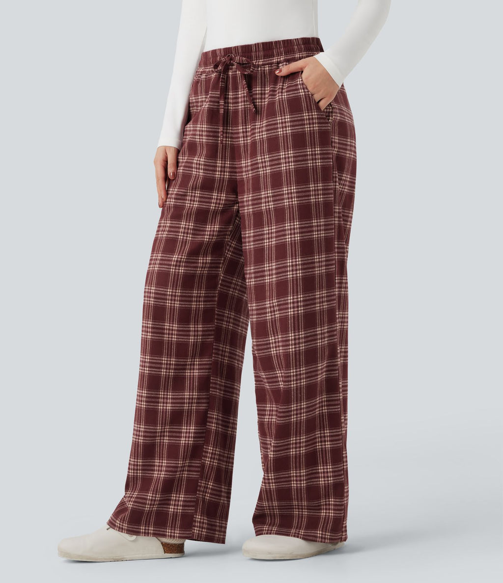Pantalon baggy taille haute imprimé carreaux avec poches
