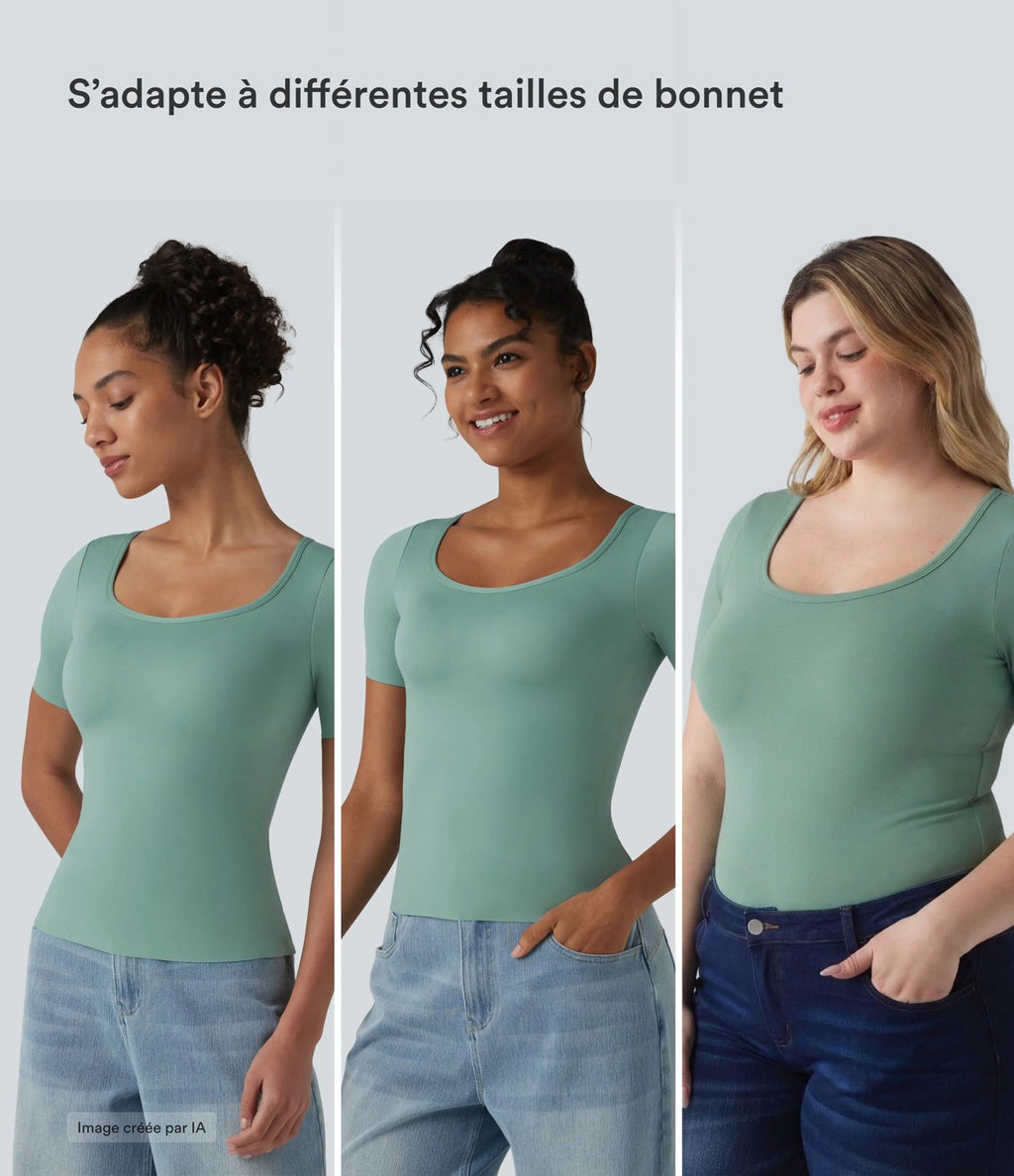 T-shirt casual col rond échancré à manches courtes avec brassière intégrée — Bonnets B-E