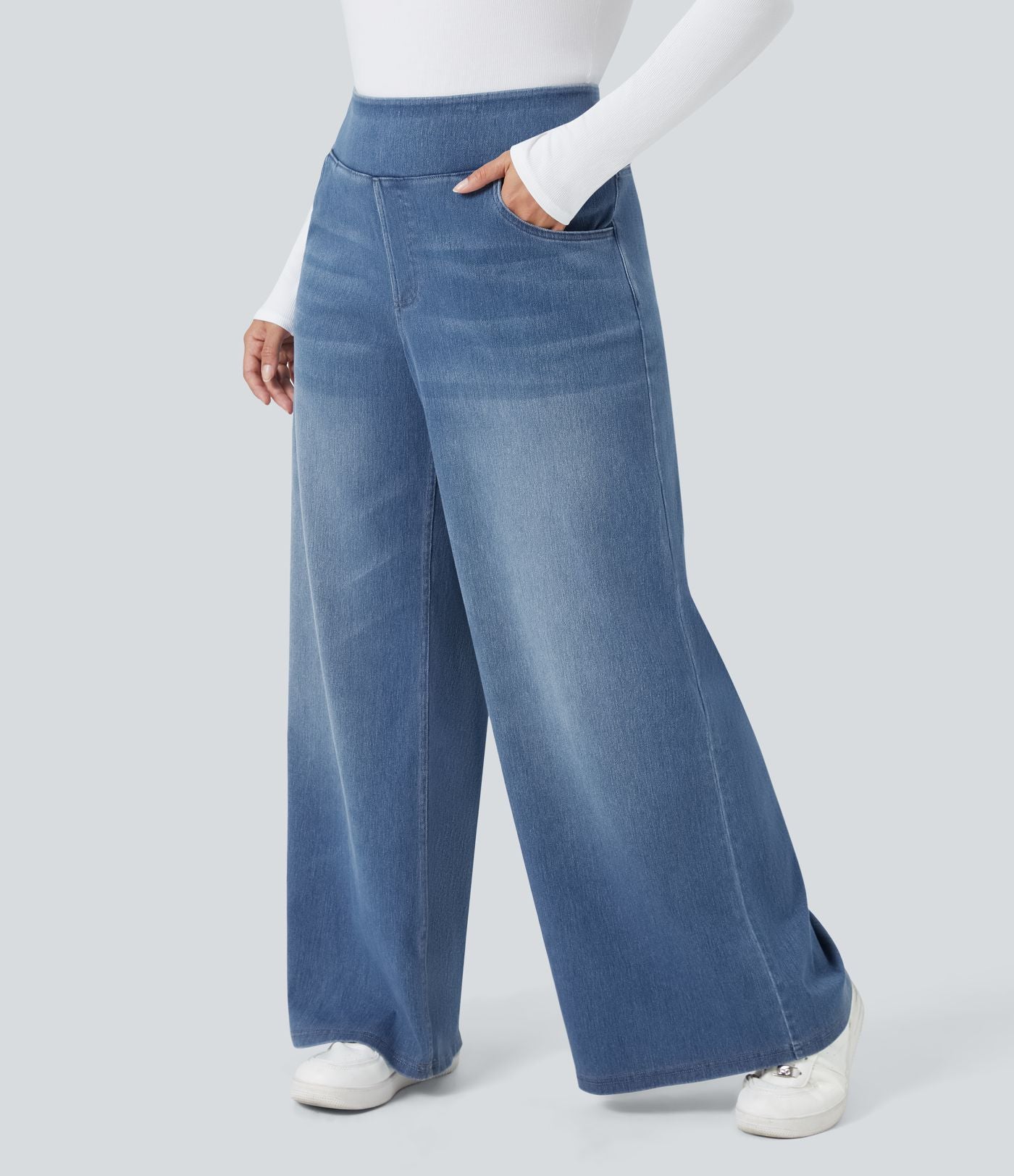 Halara Flex™ Jeans Larges Casual Taille Haute Multiples Poches Lavés Élastiques et Tricotés Grande Taille