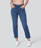 HalaraMagic™ Jean 7/8 Travail en Tricot Extensible Lavé à Jambes Droites et Poches Multiples à Taille Mi-Haute