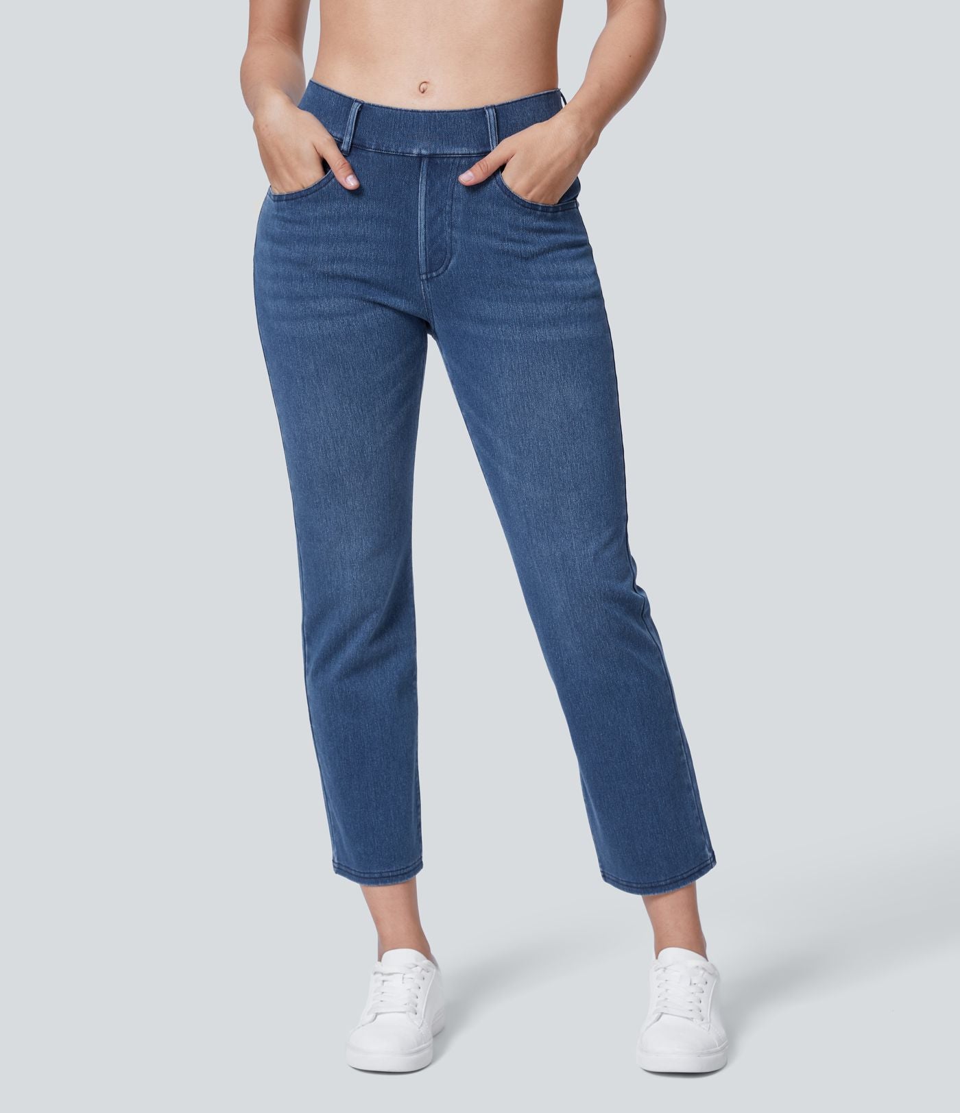 HalaraMagic™ Jean 7/8 Travail en Tricot Extensible Lavé à Jambes Droites et Poches Multiples à Taille Mi-Haute