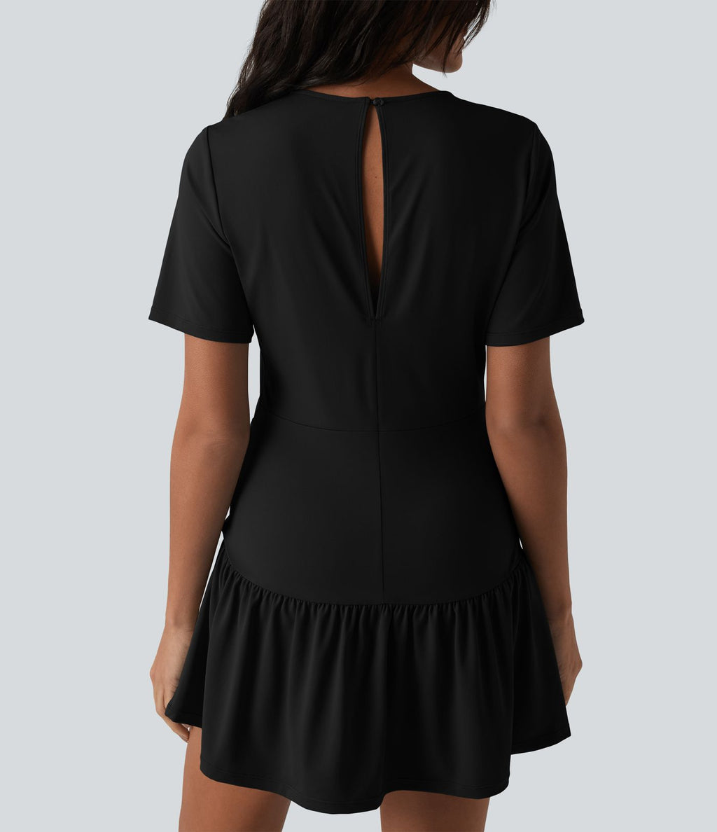 Robe mini casual 2 pièces col rond manches courtes dos goutte d'eau avec poches