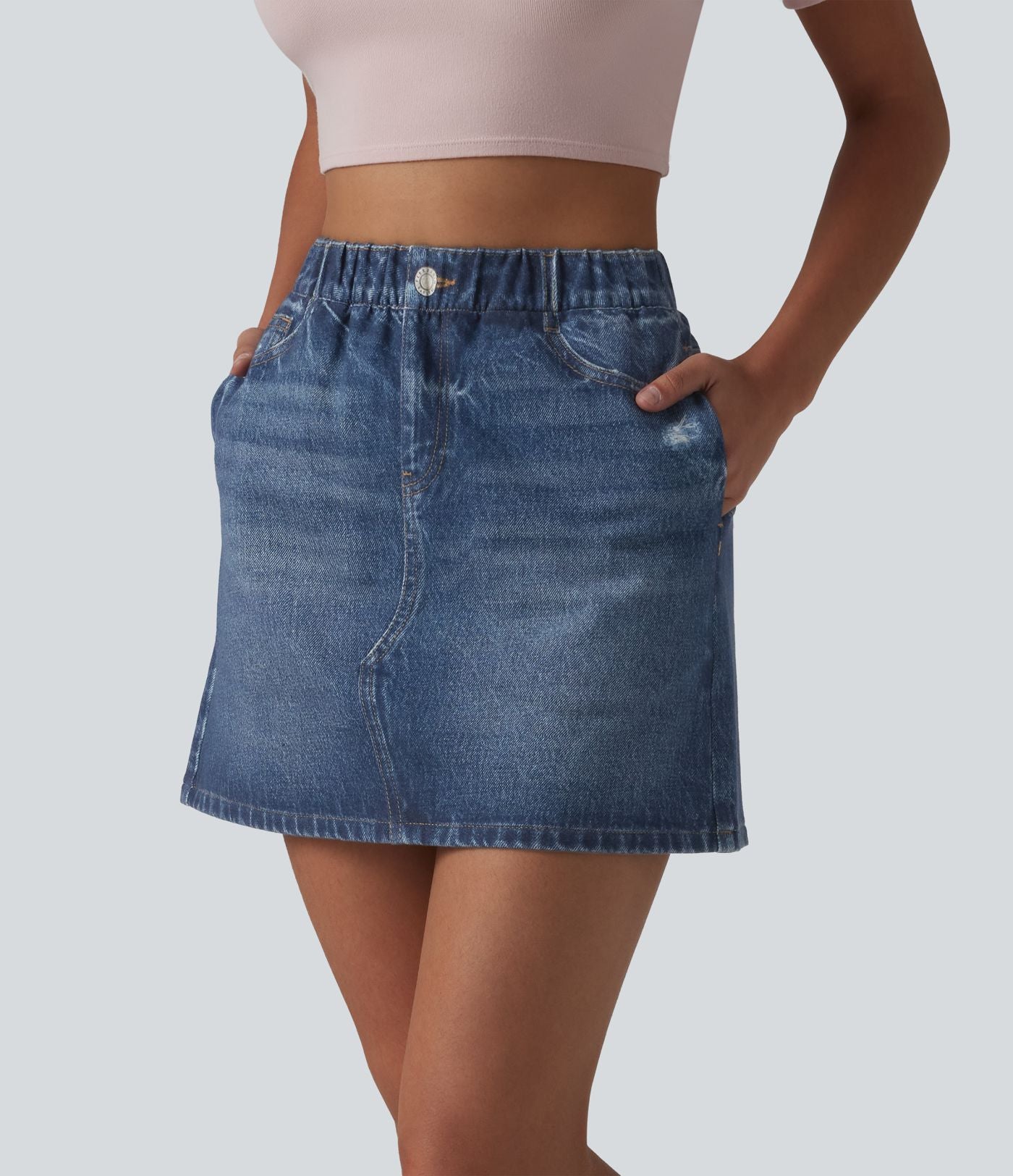 Jupe décontractée taille haute en denim imprimé, molleton français, avec poches