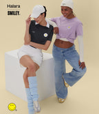 T-shirt casual en coton délavé Halara X Smiley® col rond à manches courtes