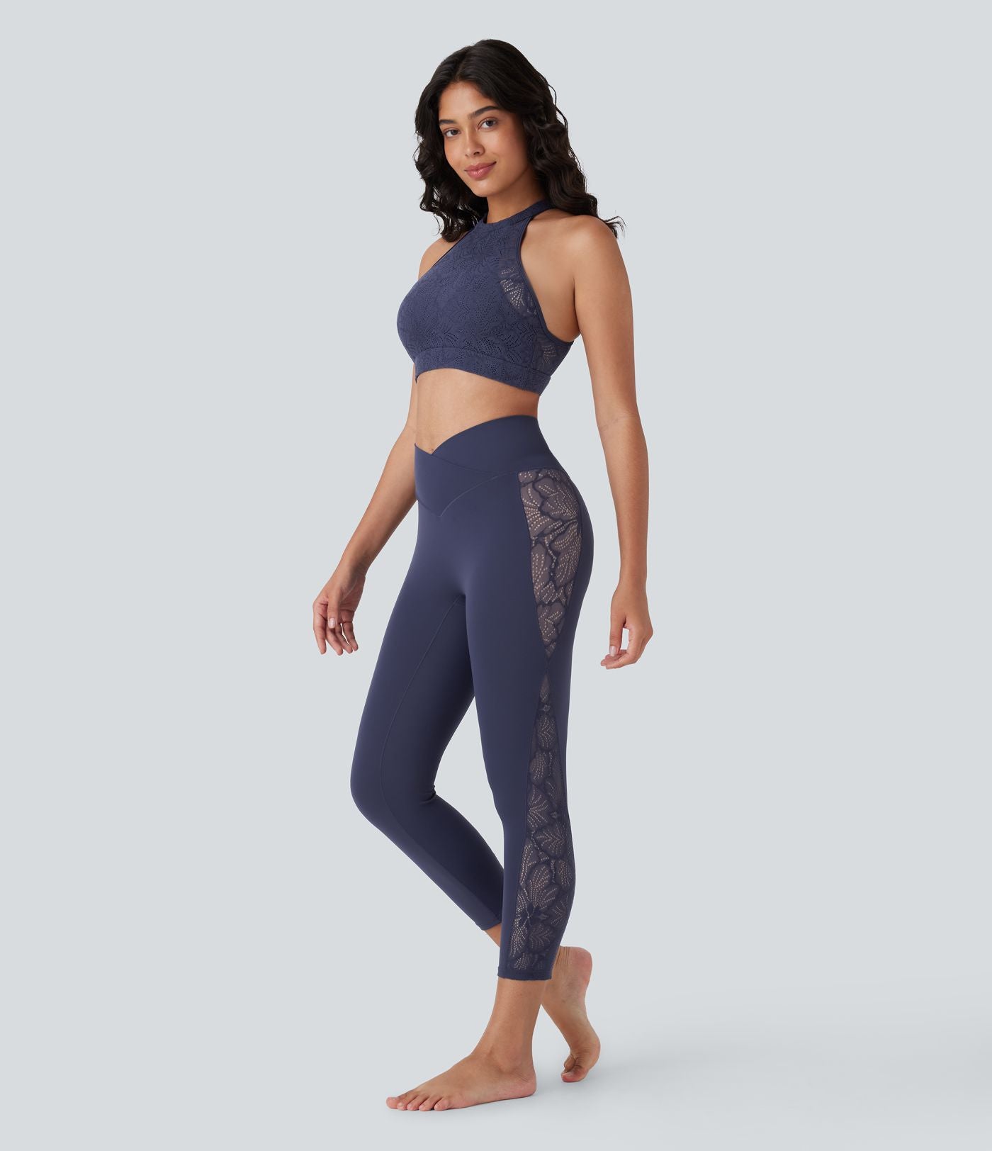 Legging corsaire de yoga taille haute croisé avec dentelle contrastée - Protection UPF50+