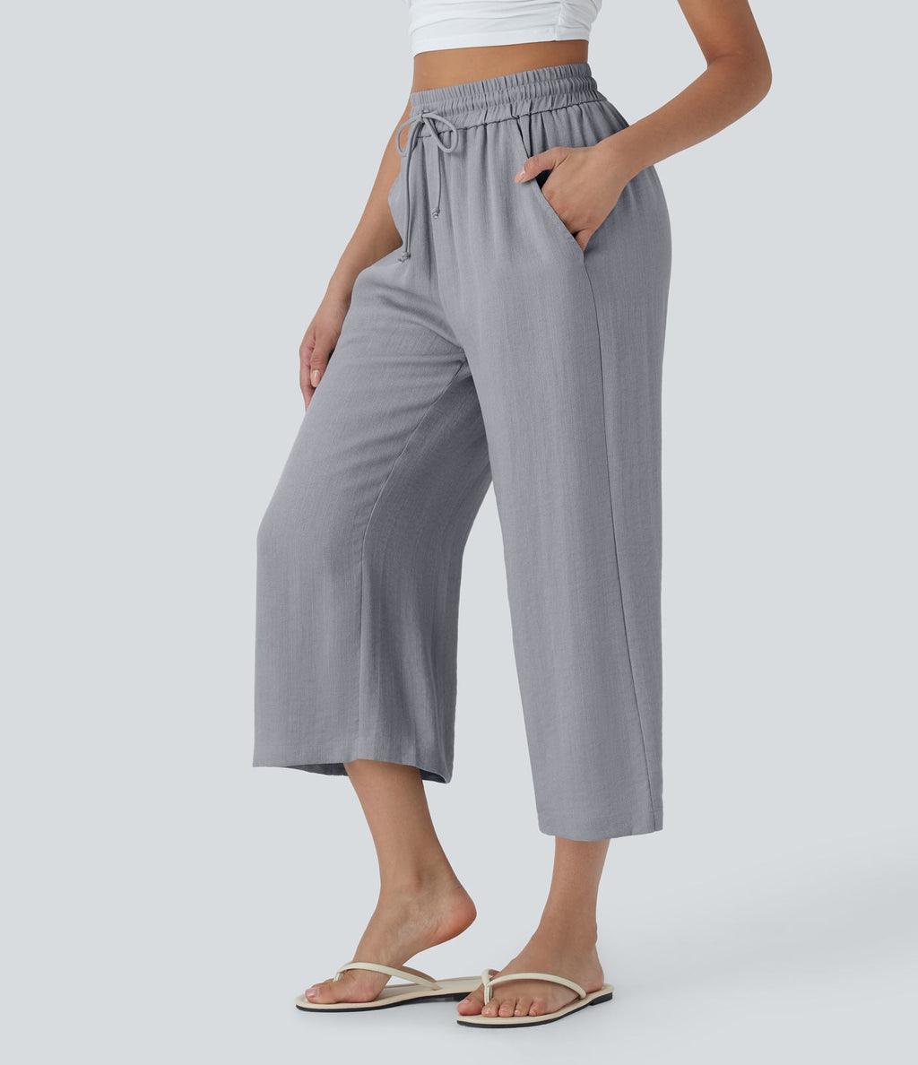 Pantalon décontracté aspect lin 7/8 à taille haute, jambe large avec cordon de serrage et poches latérales