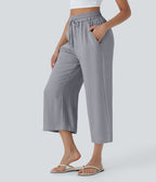 Pantalon décontracté aspect lin 7/8 à taille haute, jambe large avec cordon de serrage et poches latérales