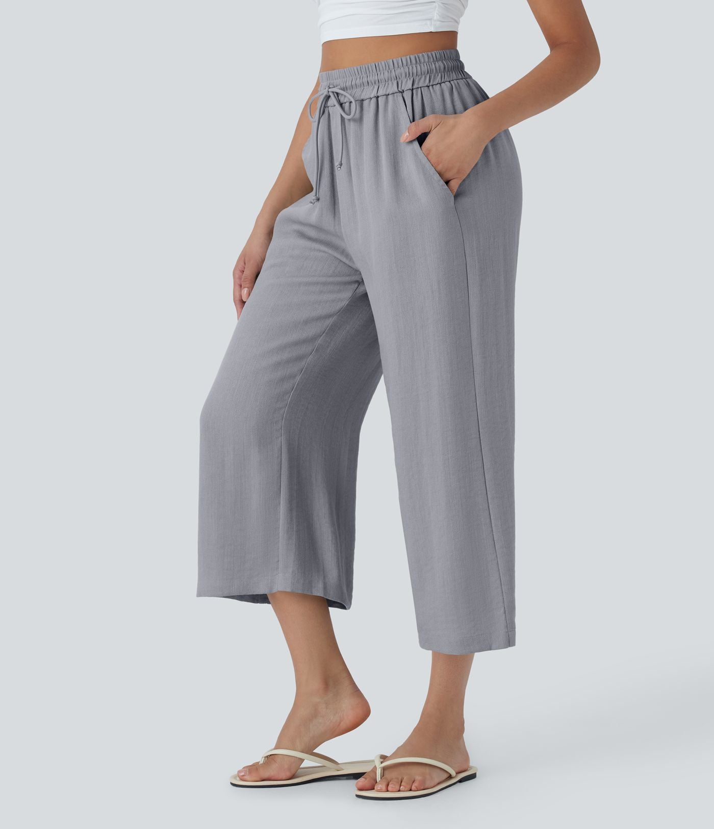 Pantalon décontracté aspect lin 7/8 à taille haute, jambe large avec cordon de serrage et poches latérales