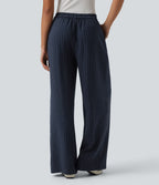 Pantalon bureau taille haute rayé, coupe ample avec poches