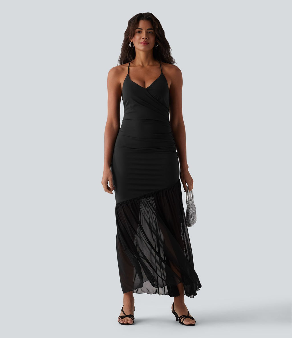 Robe maxi fluide bretelles décolleté cœur à lacer maille contrastante