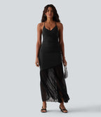 Robe maxi fluide bretelles décolleté cœur à lacer maille contrastante