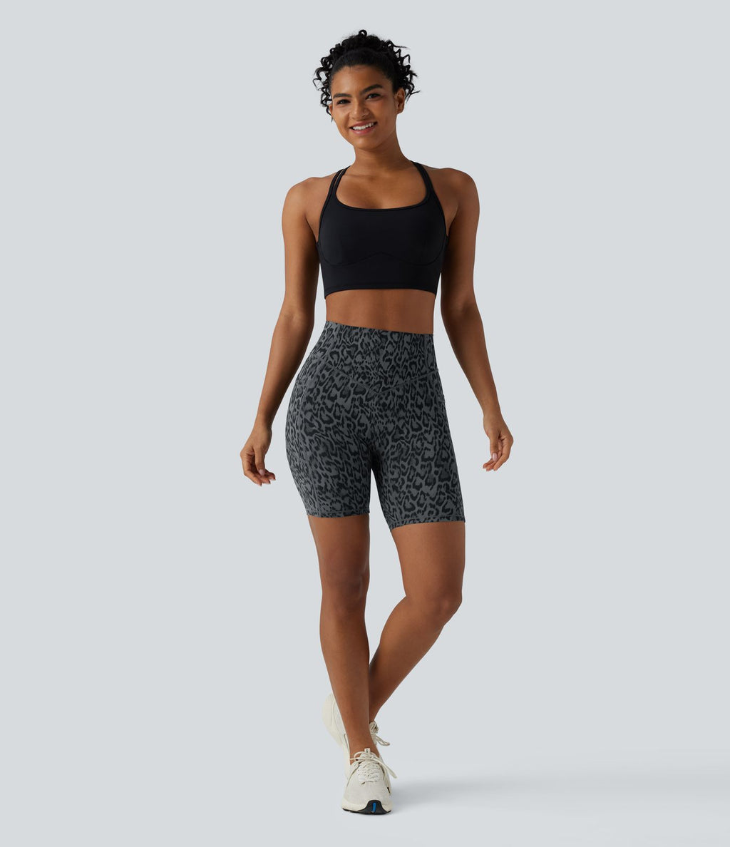Short cycliste d'entraînement taille haute gainant effet push-up imprimé léopard 17,5 cm Halara UltraSculpt™ avec poches