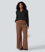 Blouse de travail manches longues col V à plis coupe décontractée