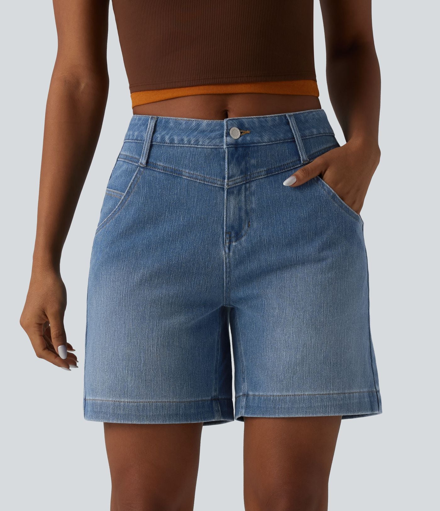 Short denim ample décontracté Halara Flex™ délavé taille mi-haute ourlet roulotté avec poches