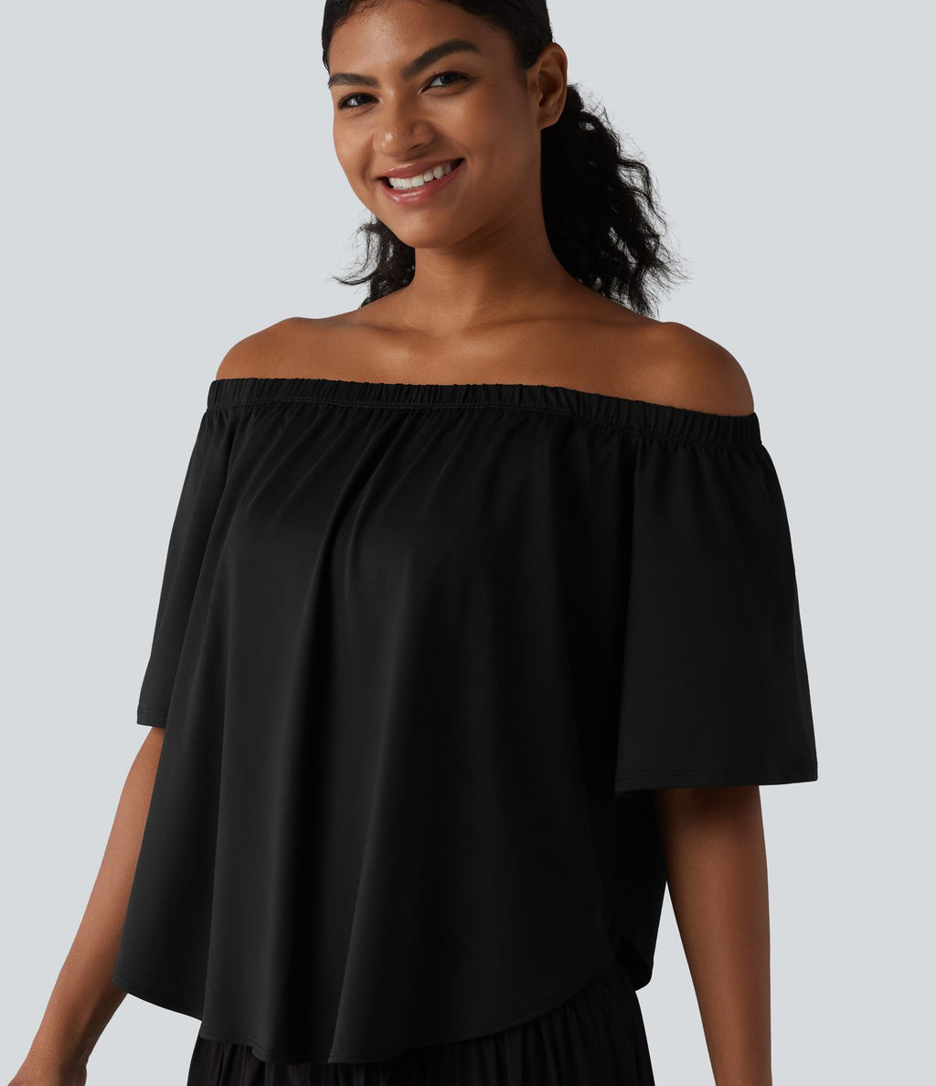 T-shirt épaules dénudées manches courtes avec fente, ourlet arrondi et soutien-gorge intégré coupe décontractée