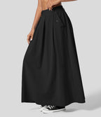 Jupe Casual Maxi Évasée à Taille Haute avec Plis et Poches Latérales Effet Lin