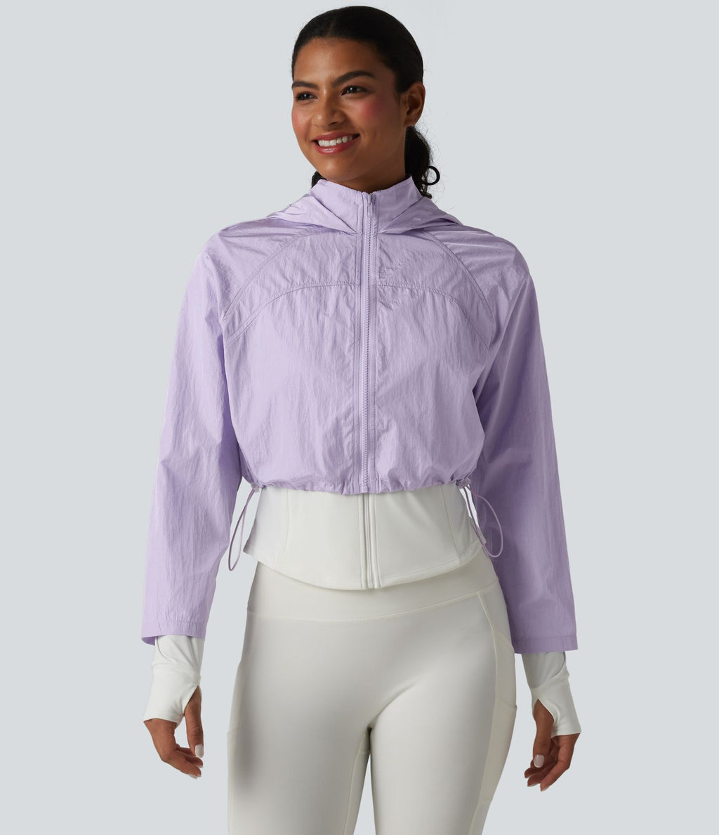 Veste de running 3-en-1 déperlante à capuche avec trous pour les pouces, ourlet arrondi et poches