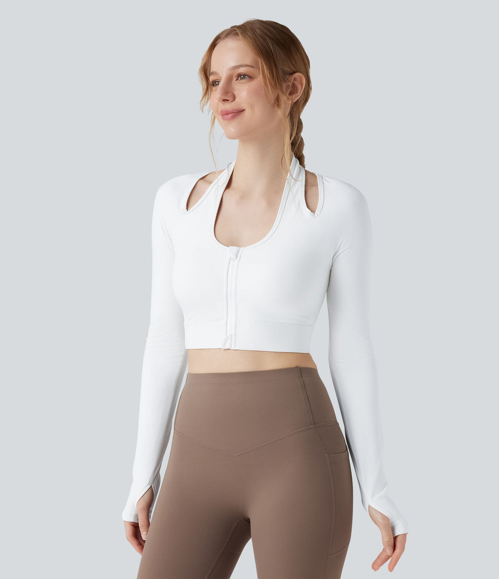 Halara UltraSculpt™ Top court de sport zippé dos nageur à manches longues avec bonnets moulés push-up et passants pouces