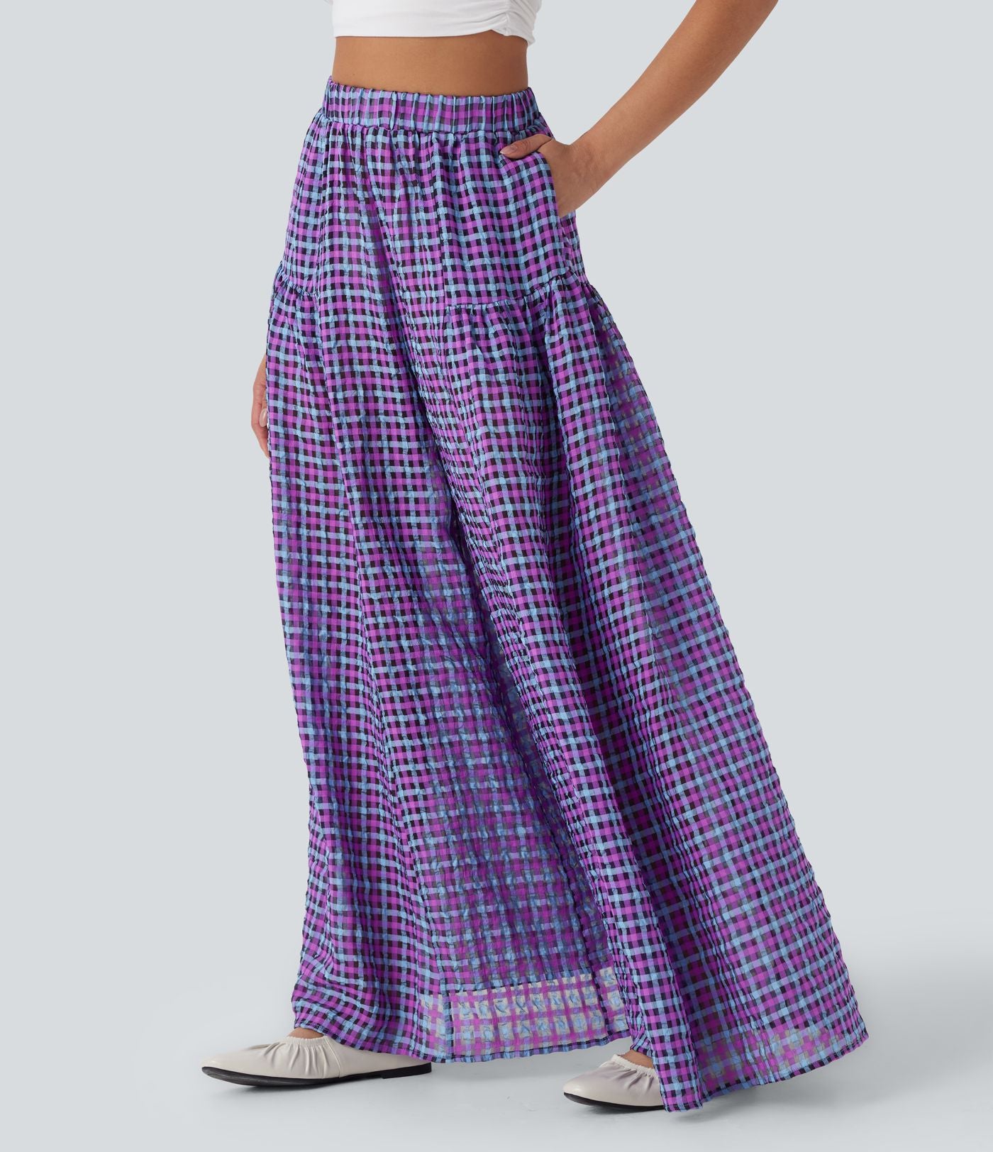 Pantalon décontracté à carreaux taille haute coupe ample avec poches latérales