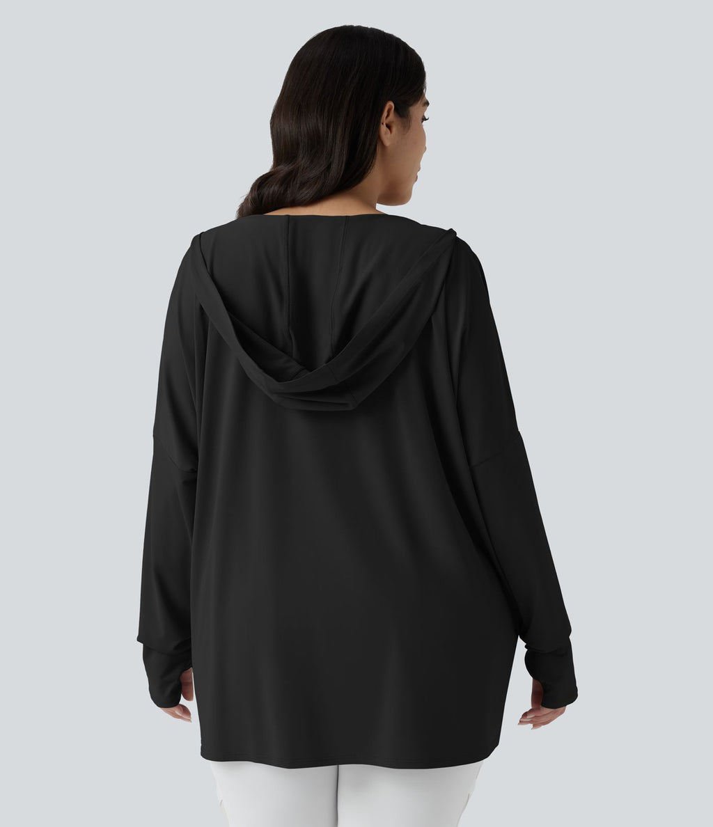 Top de sport yoga grande taille à capuche, col drapé, manches longues avec passants pouces et poches