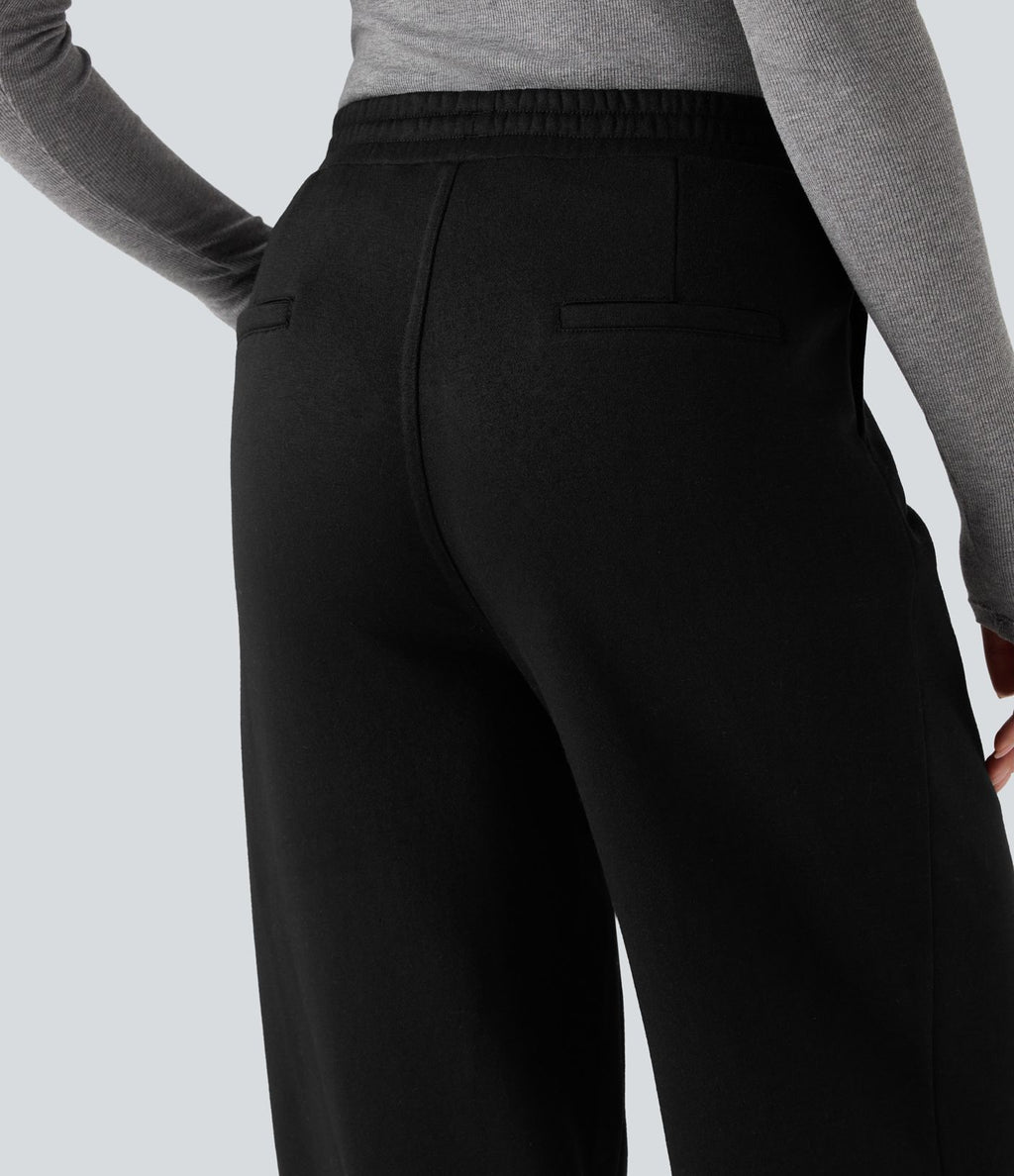 Pantalon jogging tailleur polaire coupe droite taille haute avec poches