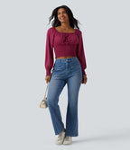 Blouse casual froncée à col carré et manches bouffantes