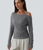 T-shirt décontracté asymétrique en mélange de laine à une épaule et manches longues